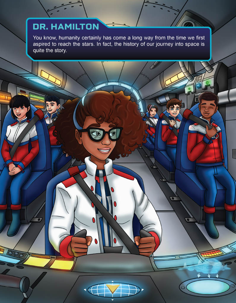 Story panel — the cadets in flight